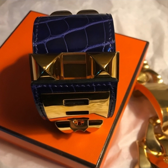 Authentic Hermes Collier de Chien Mississippi Blue Croc Alligator Cuff - Picture 10 of 16